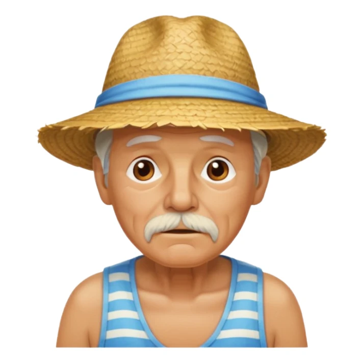 Make a picture of an old man on a beach, sweating profusely because the sun and air is so hot sticker