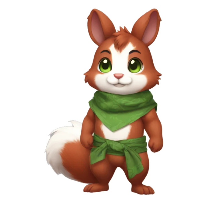 Cute, Chibi, chubby, fluffy, Kemono-style, Anthro, Fur-Sona, Dark-Red, Squirrel-Rabbit-hybrid-Fakémon, with a green bandana, full body sticker