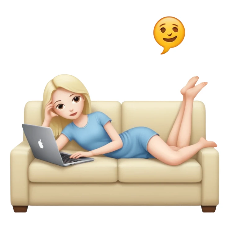 A white girl is lying on a sofa with a laptop sticker