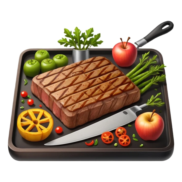 minimalist iOS style Apple emoji of a rectangular plancha with vegetables and meat sticker