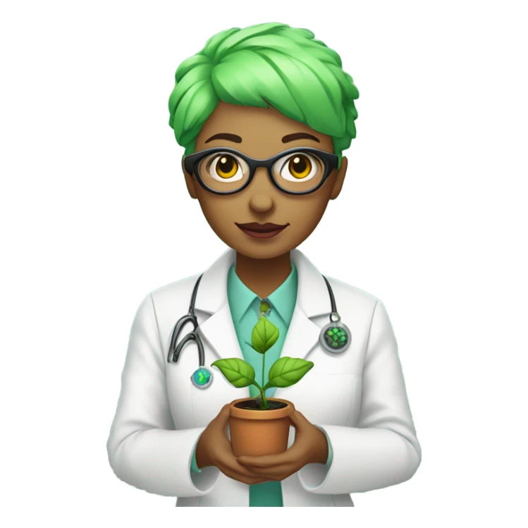 cyborg scientist wearing a lab coat and holding a small plant, woman with green hair, pixie cut sticker