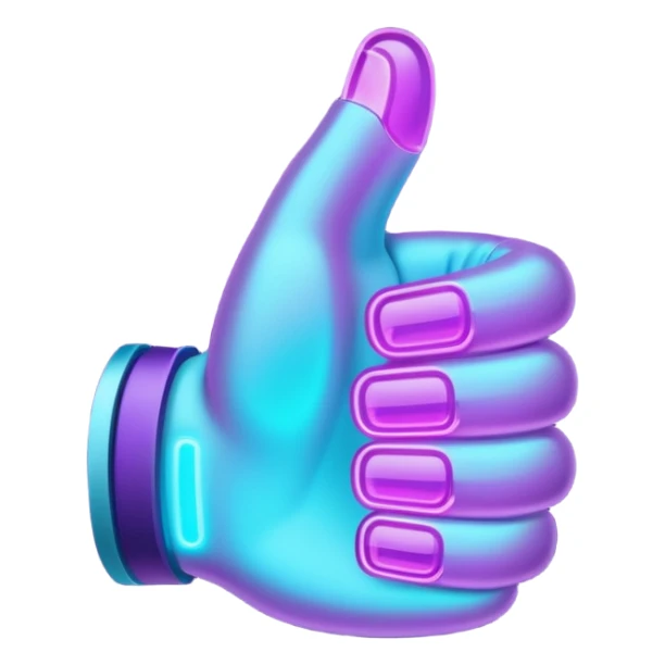 futuristic glowing thumbs up, neon purple and cyan light, dark background, digital tech style sticker