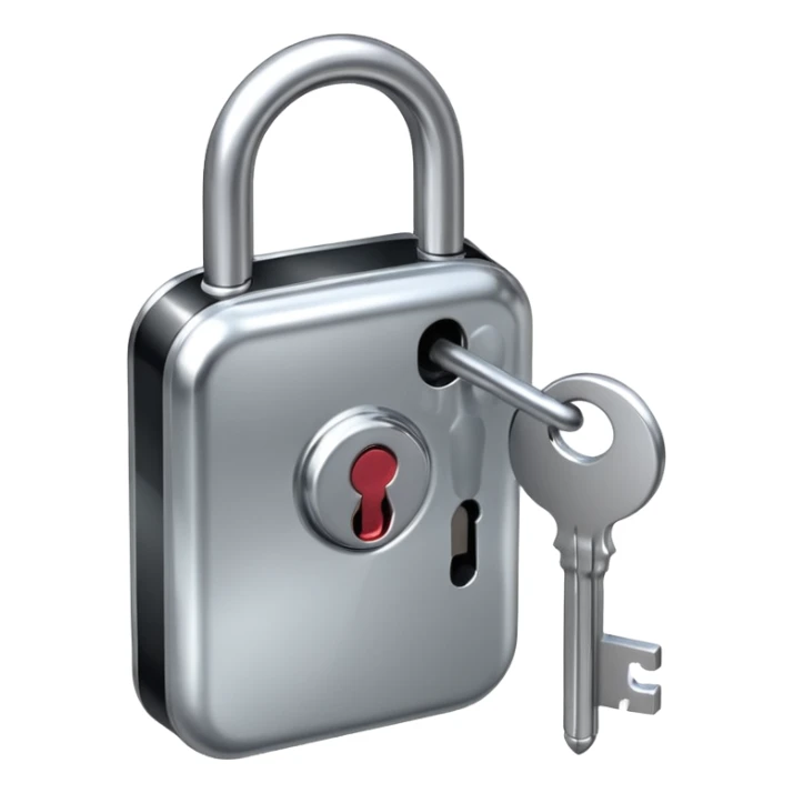 A chrome silver lock and key emoji, smooth metallic surfaces, glossy reflections, luxury swag vibe, minimal iOS emoji style, centered on clean white background sticker