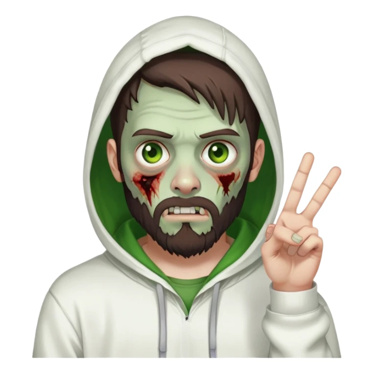 zombie making peace sign, undercut hairstyle with dark brown hair, short full beard, heterochromia with one green eye and one brown eye, wearing plain white hoodie with hood up sticker