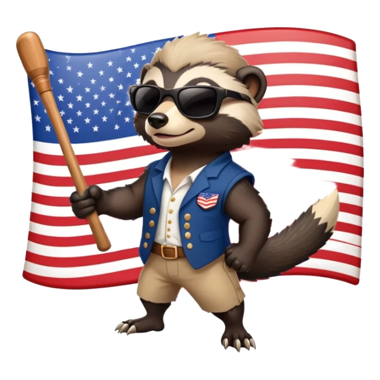 friendly anthropomorphised honey badger in USA Independence Day outfit, wearing sunglasses, carrying a club, dynamic pose sticker