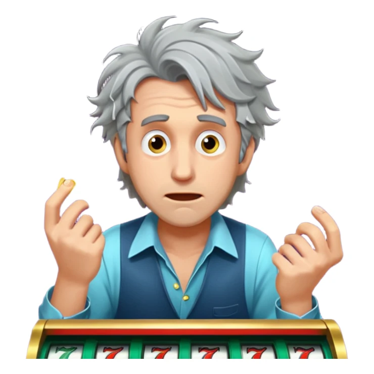 disheveled man losing money at a slot machine, panicked face, coins flying sticker