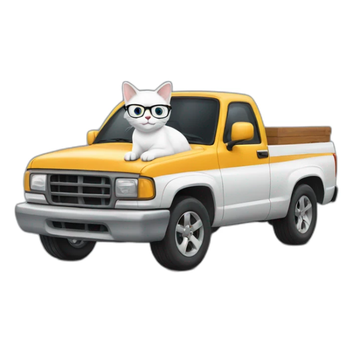 White cat with glasses driving a pickup truck sticker