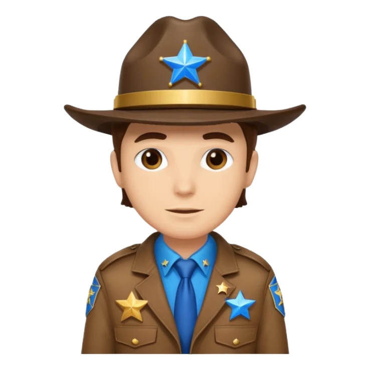 Sheriff with shiny blue star badge, brown jacket and blue hat sticker