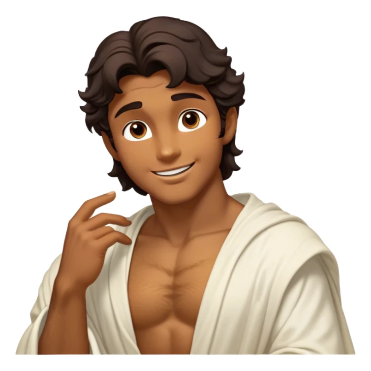 Cinematic Realistic Hercules Portrait, head tilted playfully and inquisitively, showcasing a charming blend of Disney heroic charisma and the refined grace of Michelangelo's David. His sun-kissed bronze skin and thick, wavy dark hair are rendered with classical precision, complementing a warm, inviting smile and sparkling, mischievous eyes. Clad in a softly draped white robe with subtle golden details, he exudes approachable strength under gentle, natural lighting. sticker