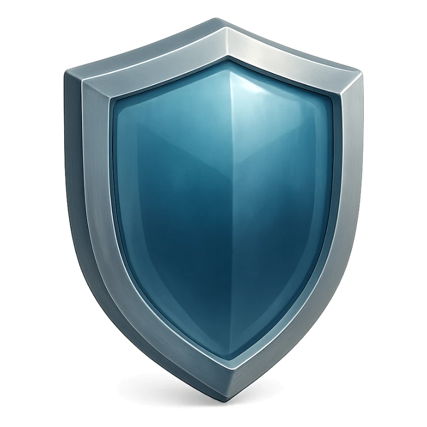 shield facing directly forward with a deep rich blue shiny glass-like center matching the reference, metallic border, no point at the top, no symbols, no sword, realistic and glossy style, transparent background sticker
