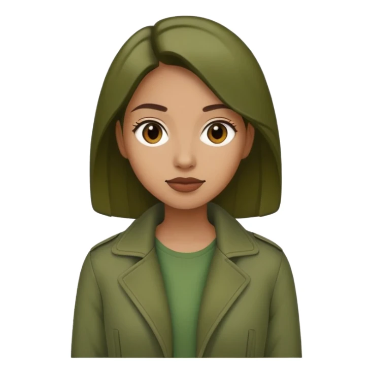 woman wearing dark olive green jacket over a lighter green top sticker