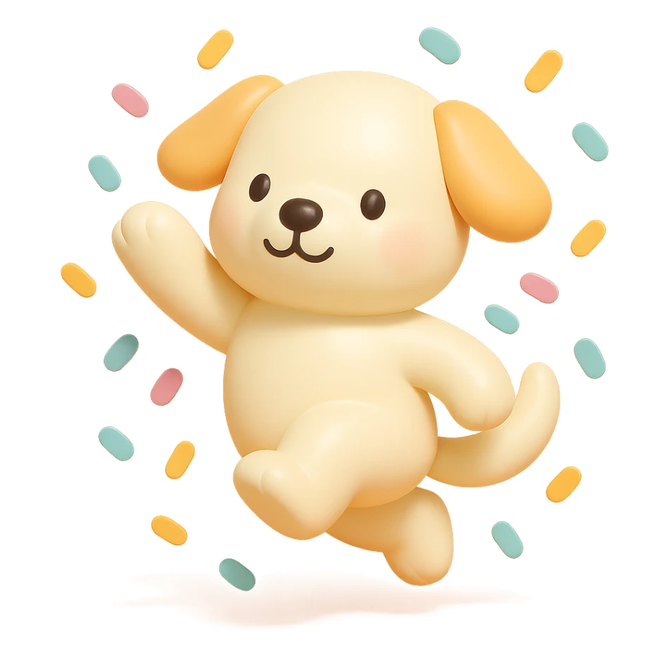 puppy jumping in confetti with paw up, vinyl figure style sticker