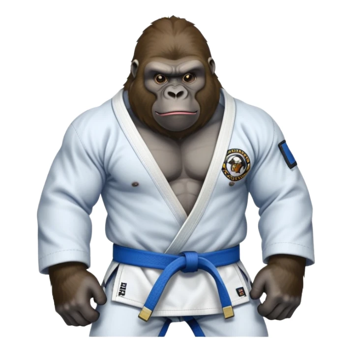 Gorilla in a jiu jitsu gi with a blue belt sticker