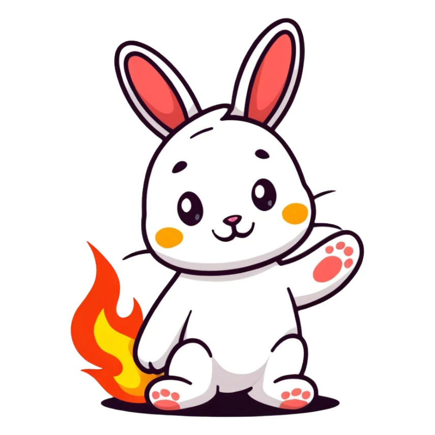 Adorable bunny with fire paws, flames burning from feet, cute happy face sticker