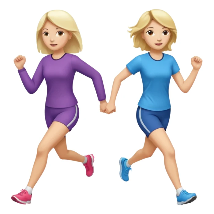 I want 2 women holding hands running in same direction, one is brunette, one is blonde different outfits and please hold hands sticker