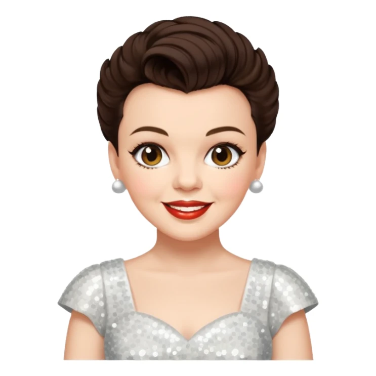 Judy Garland with short dark brown hair, white sequin dress sticker
