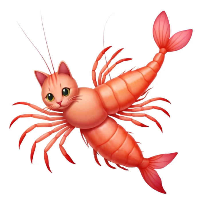 A pink shrimp with a cat's head, shrimp body and tail with cat face sticker