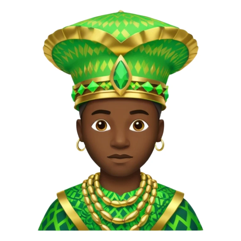 Create me an emoji of a cool Young Nigerian king wearing a neon green gradient African patterns with metallic "hula hat" (a Nigerian-inspired hat).  sticker