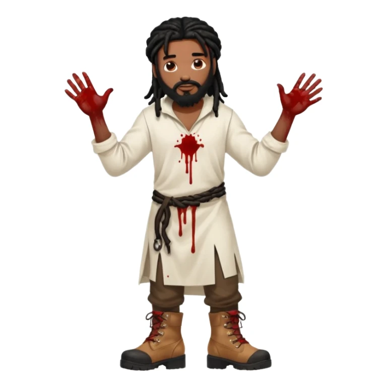 African American man with shoulder length black dreadlocks with black beard wearing a white tunic with blood on it wearing timberland boots with hands out clean sticker