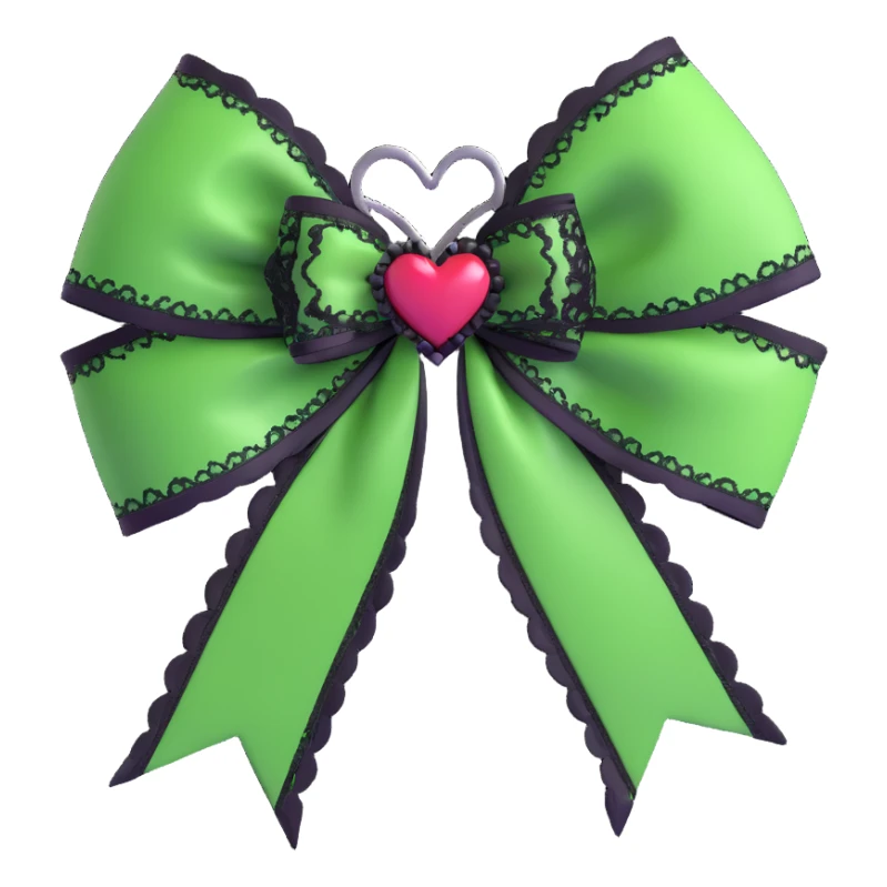 green gothic bow with black lace trim and heart charm, remove background sticker