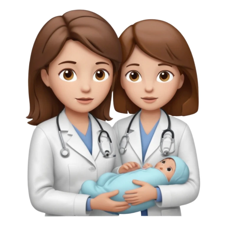Show a nurse in a white coat, attending to a baby, with a light expression and soft detail typical of modern emojis. The scene should have a clean look, with subtle shadows and soft contours, brown hair, maintaining the 3D cartoon style used in iOS emojis.  sticker