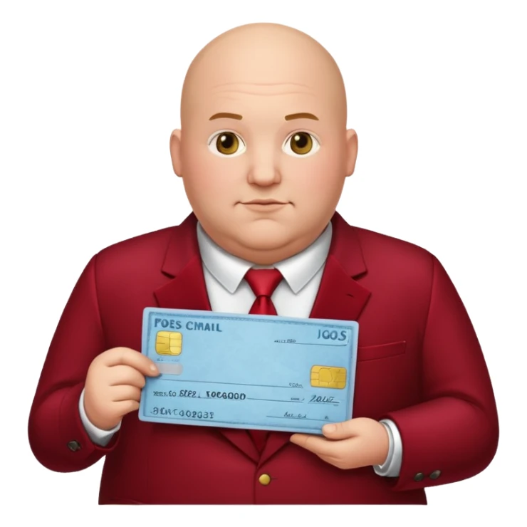 fat guy bold head in dark red velvet suit holding cheque sticker