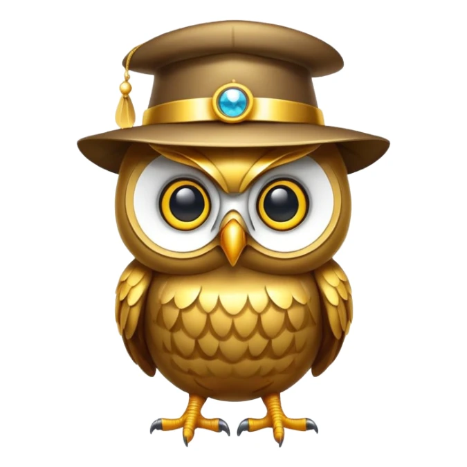 golden owl with shiny feathers. With a hat in head  sticker