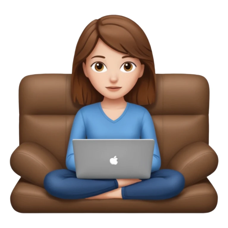 A white girl is lying on a sofa with a laptop sticker