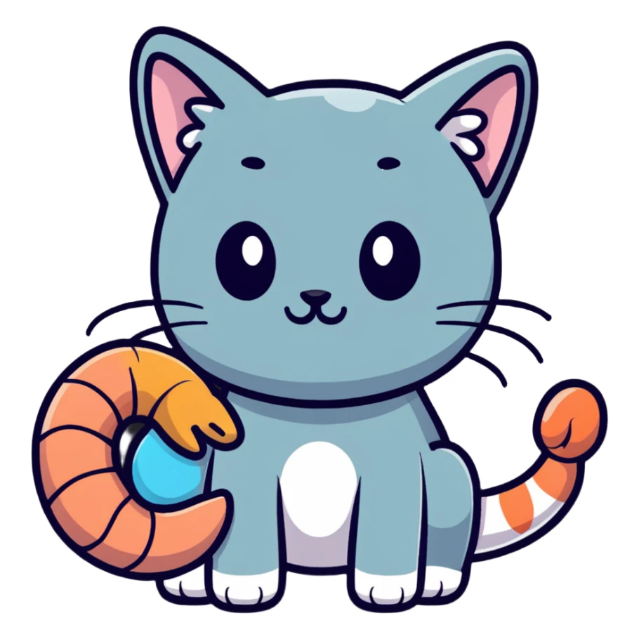 A cute hybrid creature with a shrimp body and tail but a cat's head with whiskers and ears sticker