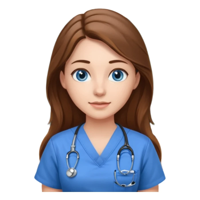 inside a classroom at university, a pretty female nursing student with long brown hair, blue eyes sticker