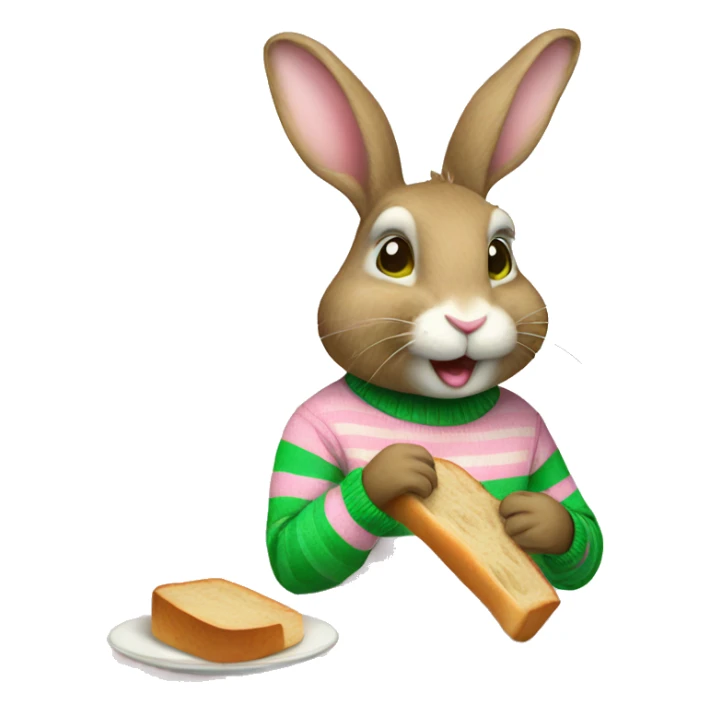 Rabbit wearing pink and green stripe sweater and eating bread sticker