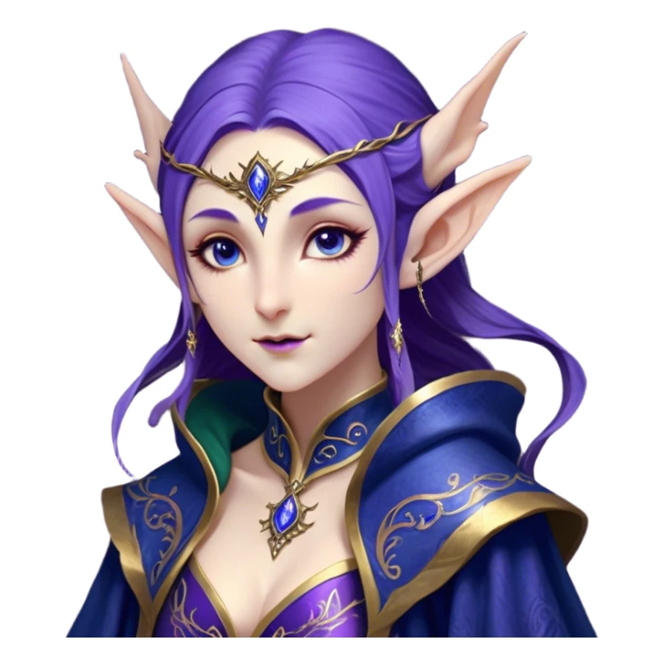 Cinematic Realistic WoW Elf Mage Portrait, head tilted dramatically with an exaggeratedly amused expression, blending timeless arcane wisdom with a touch of unexpected playfulness. Her luminous, porcelain-like skin and delicate features, complemented by an intricately detailed robe in deep blues and purples with golden filigree, are rendered with lifelike texture and dynamic magical lighting, high shine, dramatic yet whimsical, capturing the essence of an elven mage whose epic mastery is tinged with charming irreverence. sticker