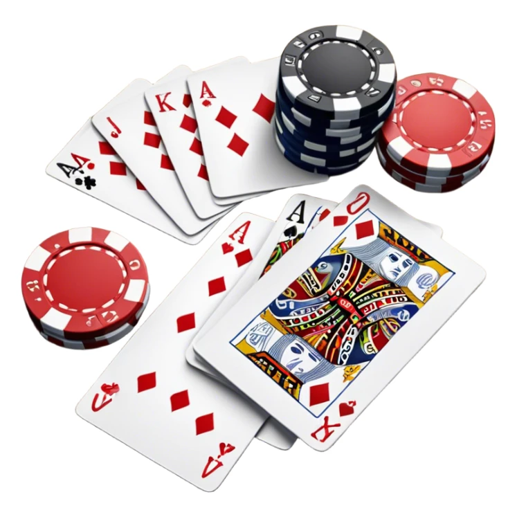A photorealistic icon featuring playing cards, poker chips and a deck of cards spread out on a table. Bright, detailed design with realistic textures and lighting. Transparent background, clearly symbolizing card games and strategy. sticker