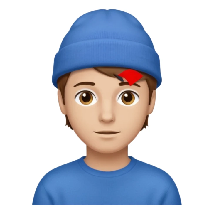 uomo giovane, capelli marroni, pelle chiara, cappello blu e maglione marrone chiaro sticker