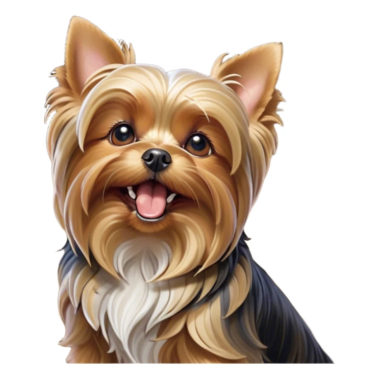 Cinematic Cute Yawning Yorkshire Terrier Portrait Emoji, Head tilted with a playful, drowsy expression and droopy, adorable eyes, featuring a soft, well-groomed fur in rich hues, simplified yet irresistibly endearing, highly detailed, glowing with a warm, cozy radiance, high shine, exuding a relaxed yet spunky charm, styled with a gentle, soft glowing outline, capturing the essence of a Yorkshire Terrier mid-yawn that seems as if it could cuddle right off the screen! sticker