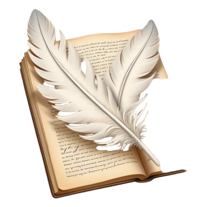 Create a poetic and elegant emoji representing poetry. The design should feature several vintage, gracefully flying pages with short, poetic columns written on them. A white feather quill should be depicted writing on one of the pages, with ink flowing smoothly. The pages should have a soft, antique look, with subtle details to convey the delicate nature of poetry. Use soft, light colors with a romantic, airy feel. Make the background transparent. sticker