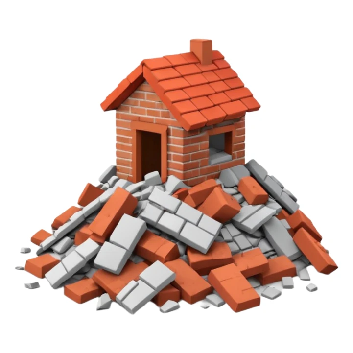 3D iPhone style emoji of a pile of bricks, roof pieces, and wall rubble, scattered and broken, isolated on white background, soft shadows, high detail, playful and cute sticker