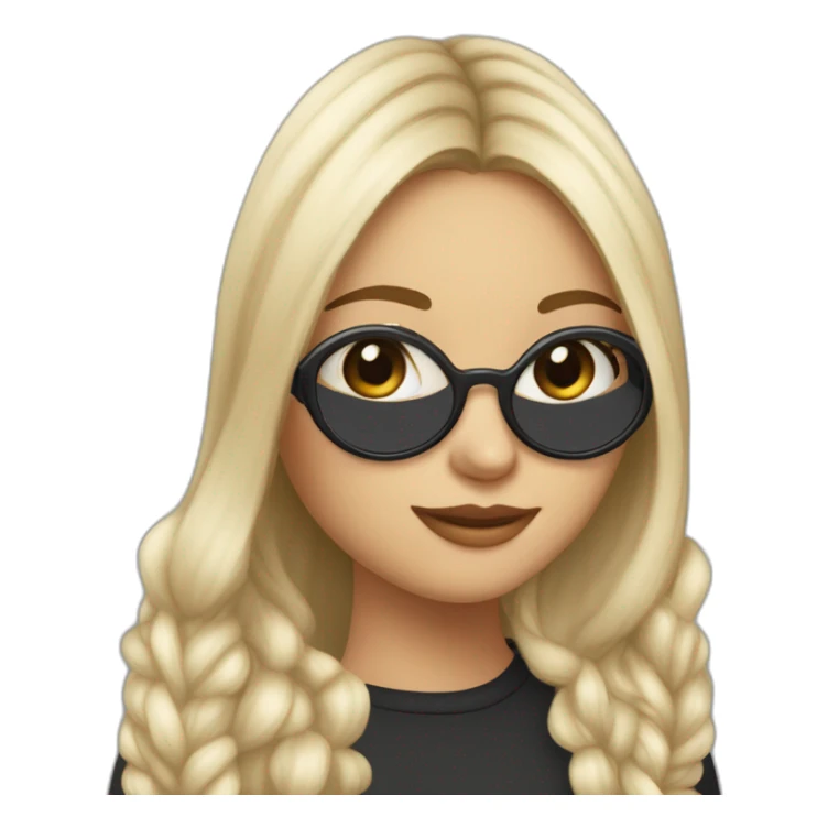 une fille avec de long cheveux noir lisse, la peau blanche ,et avec des lunette (en forme de carrer un peu déformé) assez grosse comparer a ça tête , portant un pull noir sticker