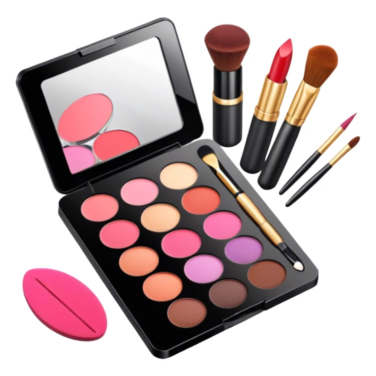 icon featuring professional makeup brushes, a high-quality lipstick, a sleek eyeshadow palette, a makeup sponge and a set of tools like tweezers and eyeliner pencil. The design highlights the precision and artistry of makeup with detailed textures and realistic lighting. Transparent background. sticker