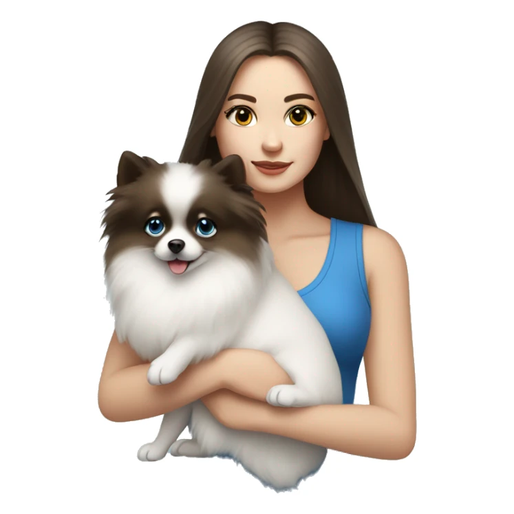 White Brunette girl with blue eyes  holding a white pomeranian  sticker
