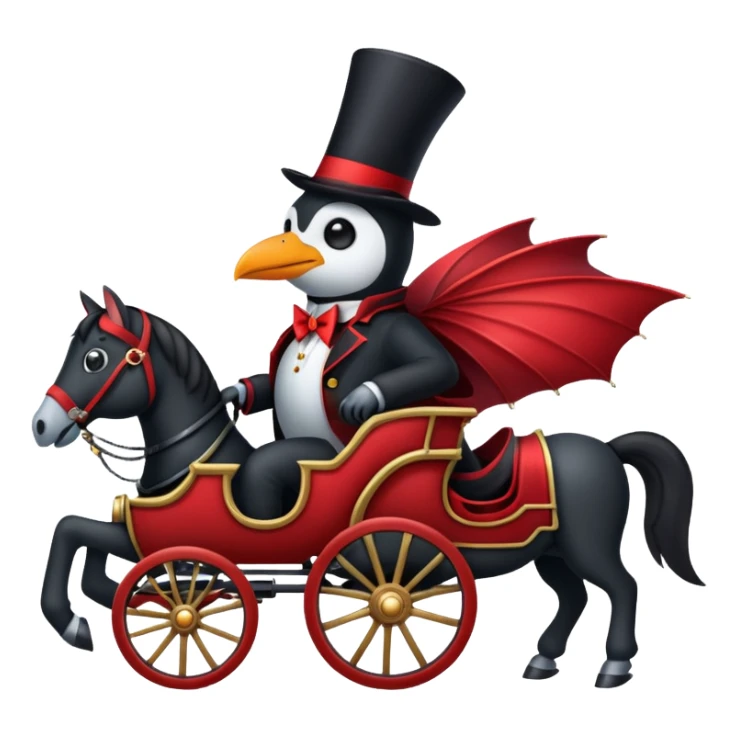 A penguin dressed as dracula riding a 3 horse carriage sticker