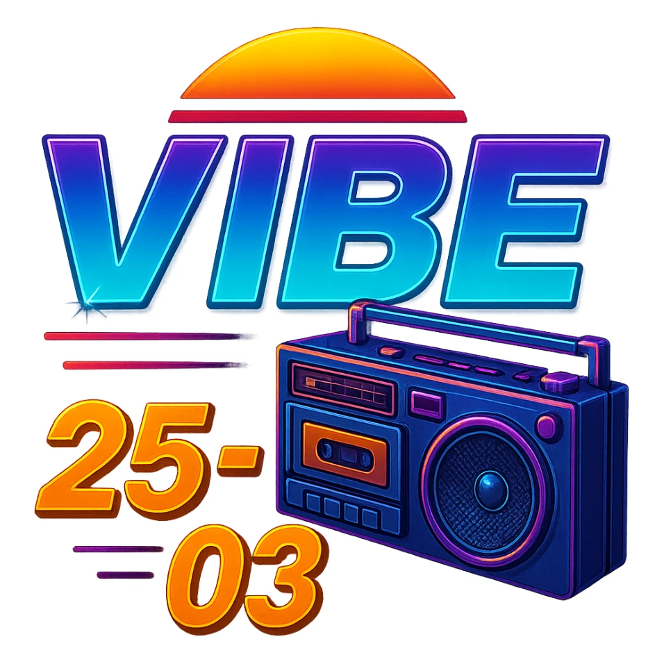Remove the Rubik's cube and focus on a large cassette player boombox as the main retro element for the VIBE25-03 logo. Maintain the neon synthwave style and vibrant colors with no background, transparent background. sticker
