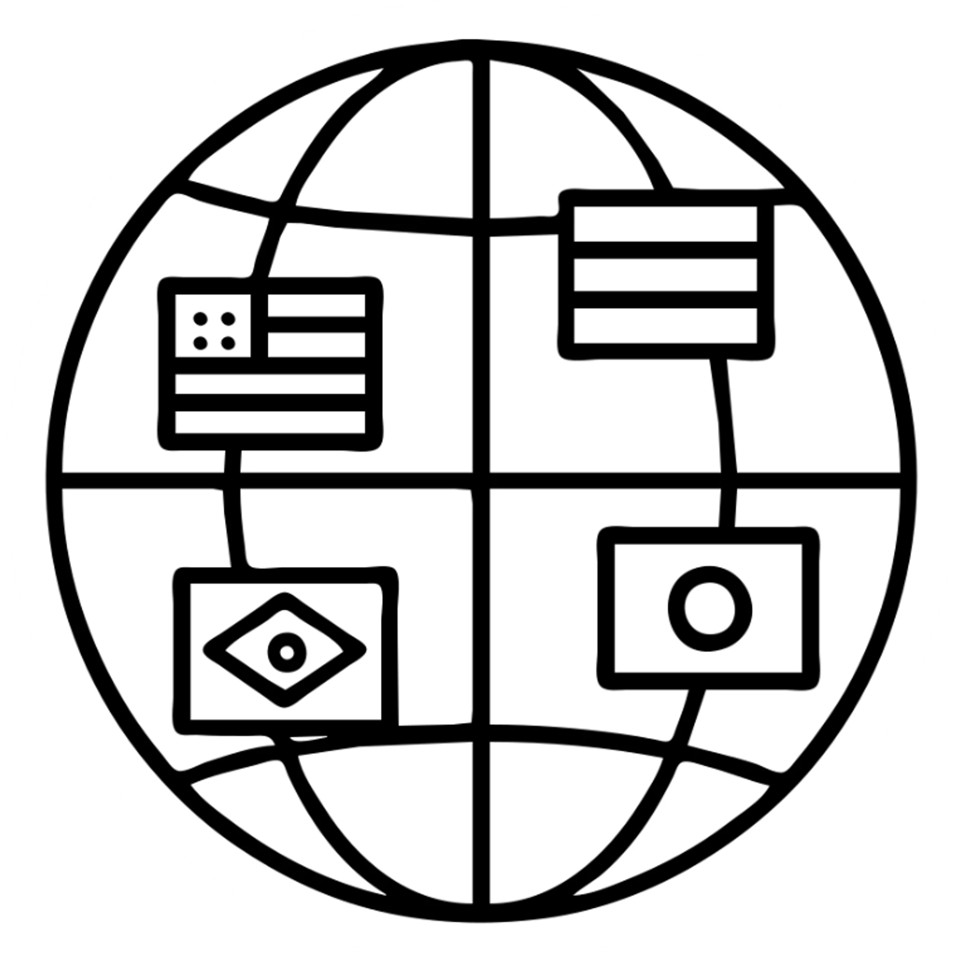 Outlined world globe with different national flags marked on the continents sticker