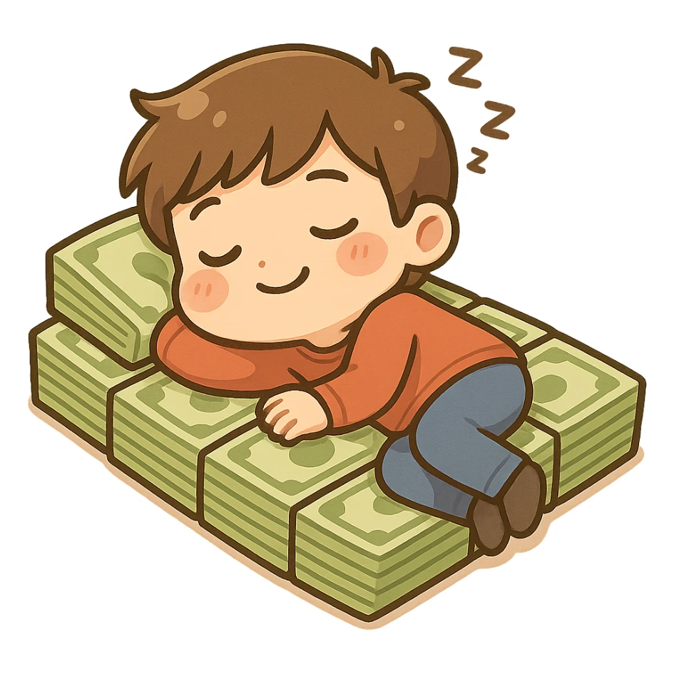 happy person napping on mattress of money sticker