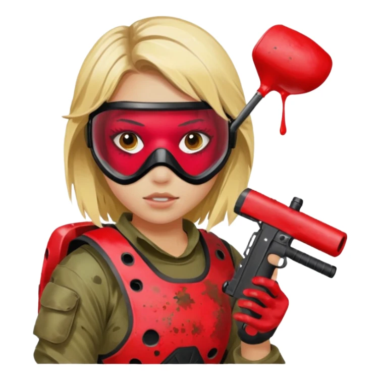blond girl playing paintball with red paintball face mask sticker
