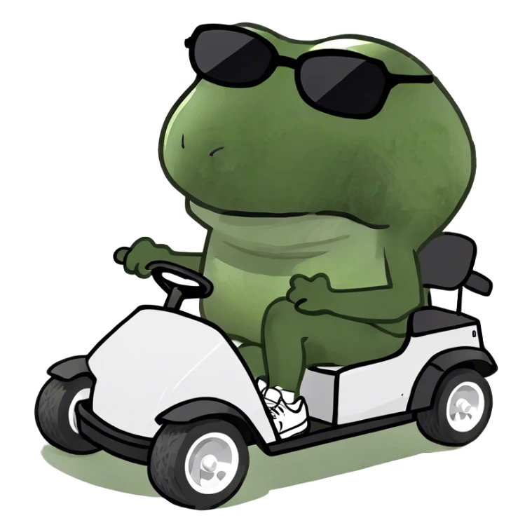 Bufo playing golf in a golf kart without a hat sticker