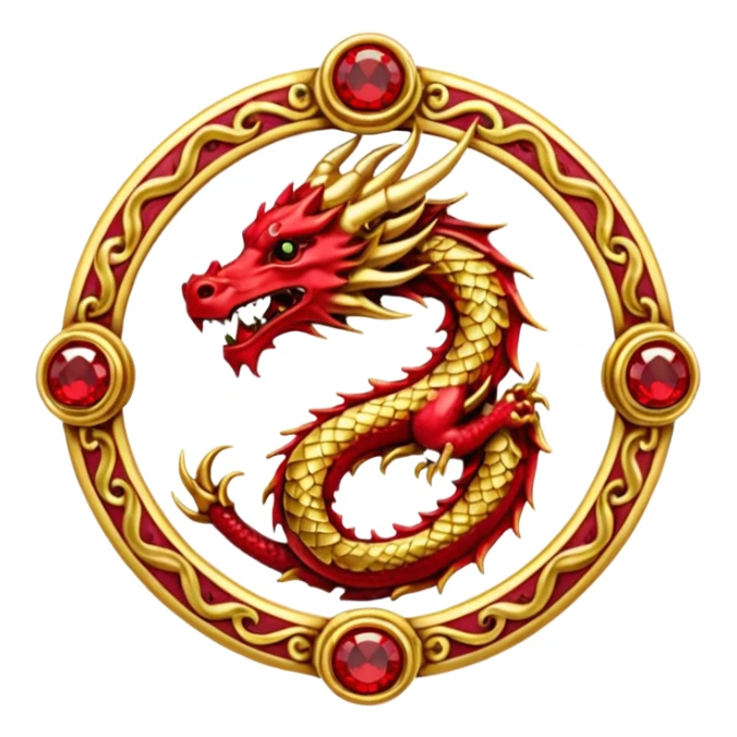 Golden dragon crest / brosch in a circle with red gems and no background sticker