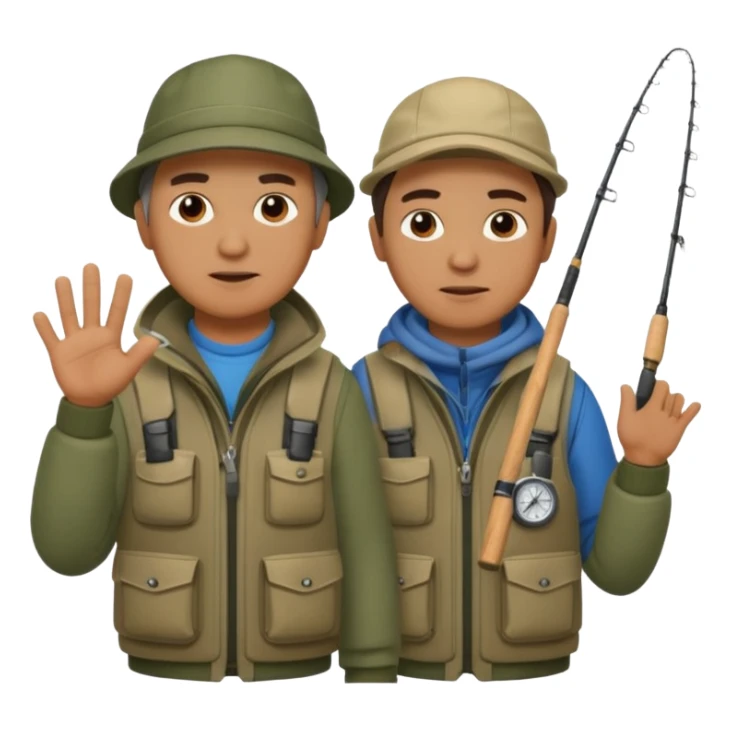 Father and son in fishing gear gesturing that they are cold sticker