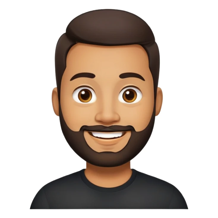 Heavier-set producer with light brown skin, pear-shaped face, full cheeks, big cheerful smile, warm inviting eyes, thick eyebrows, wide nose, short well-groomed beard, very short dark hair, wearing a black shirt sticker