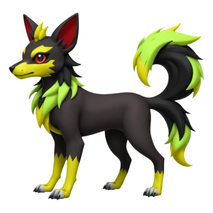 Hyper realistic skeletal black and neon green and neon yellow Poochyena-Lycanroc-Zorua-Litten-Houndoom-Fakémon-Pokémon-Digimon-hybrid-fusion (full body) sticker